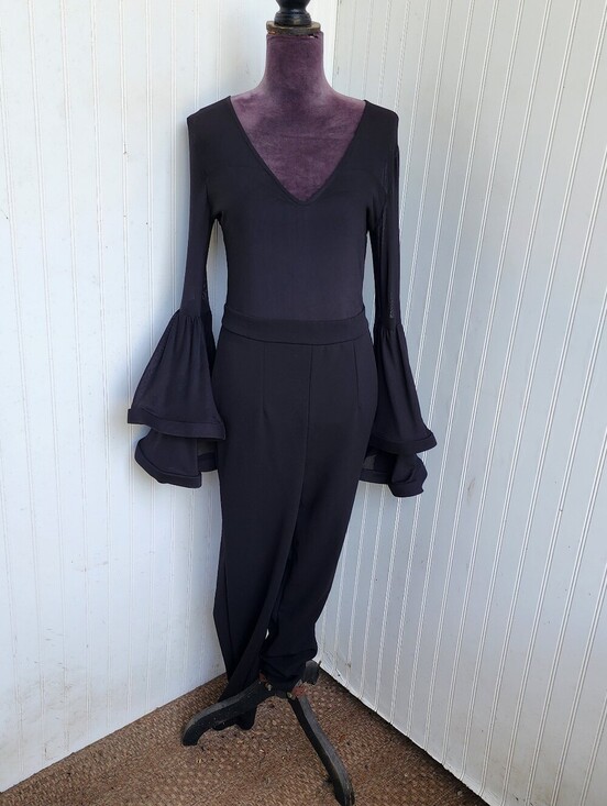 VENUS Pants - Venus Jumpsuit Skinny Leg Womens Black Mesh Top Layered Flared Wired Sleeves M